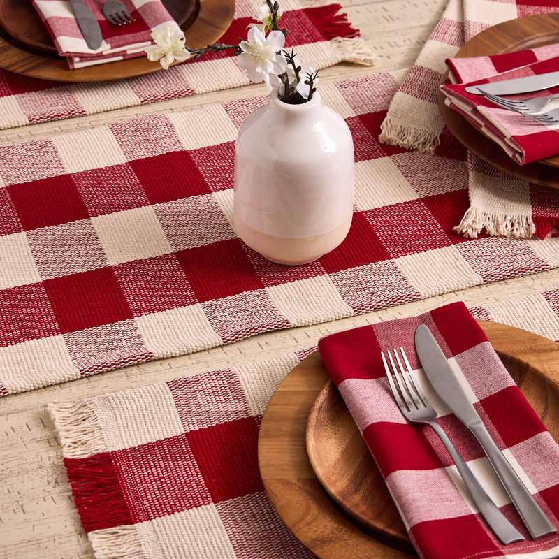 Ensemble de chemin de table et napperon à carreaux à franges 5 pièces, L 108 po, Rouge