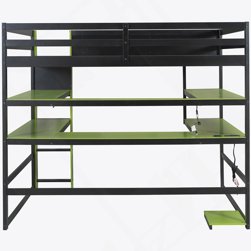Full Size Wood Loft Bed With Desk,Side Storage Rack,Multi-Storage Shelves And RGB Light,Green, Full, Green