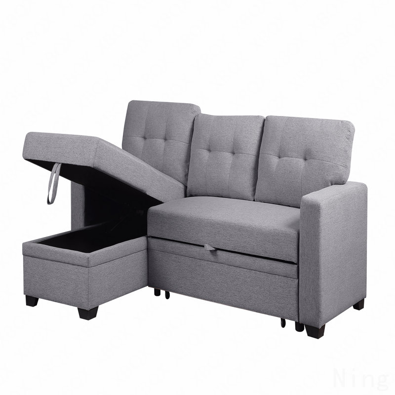 Upholstered Pull Out Sectional Sofa With Chaise, Light Gray