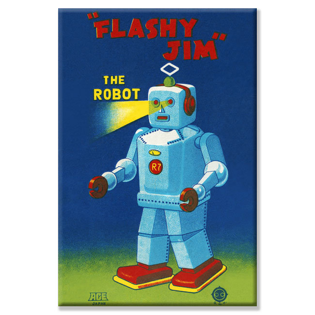 « flashy jim the robot », affiche rétro sur toile tendue, H 30 po x l 20 po