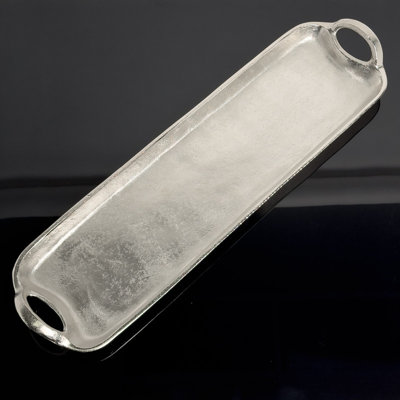 Long Silver Aluminum Serving Tray with Handles