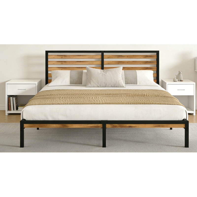 Structure de grand lit avec tête de lit en bois, lit plateforme en métal robuste avec rangement sous le lit, sommier anti-bruit avec lattes, aucun sommier requis