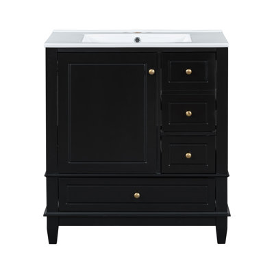30" Bathroom Vanity With Sink, One Door With Shelf And Three Drawers