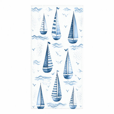 Serviette de plage 1Pcs, avec un charmant motif aquarelle de voiliers bleus sur fond blanc avec de subtils motifs de vagues et d'oiseaux. Parfaite pour les sorties, les voyages et le camping, cette grande microfibre offre un design artistique pratique