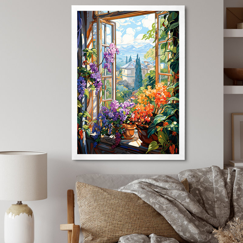 Fleur mauve, fenêtre, jardins III - art mural floral, Cadre simple blanc, H 20 po x l 12 po x P 1 po
