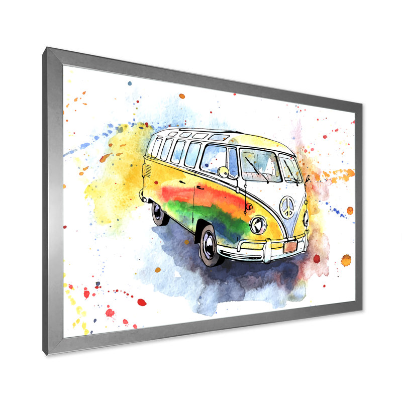 «Retro Grungy Hippy Bus», peinture sur toile, Cadre de coin argenté fermé, H 24 po x l 32 po x P 1 po