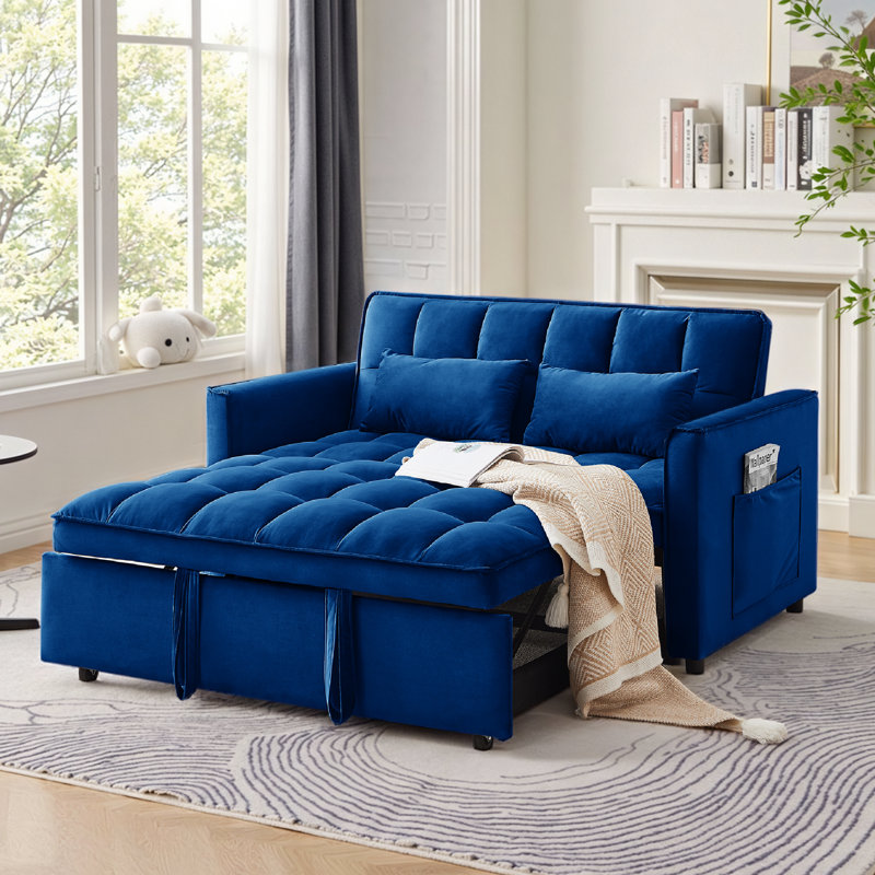 3 in 1 Convertible Sleeper Sofa Bed, 55" Pull Out Couches, Modern Loveseat Sleeper Sofa with Adjustable Reclining Backrest & Side Pockets for Living Room, Velvet Fabric, Blue