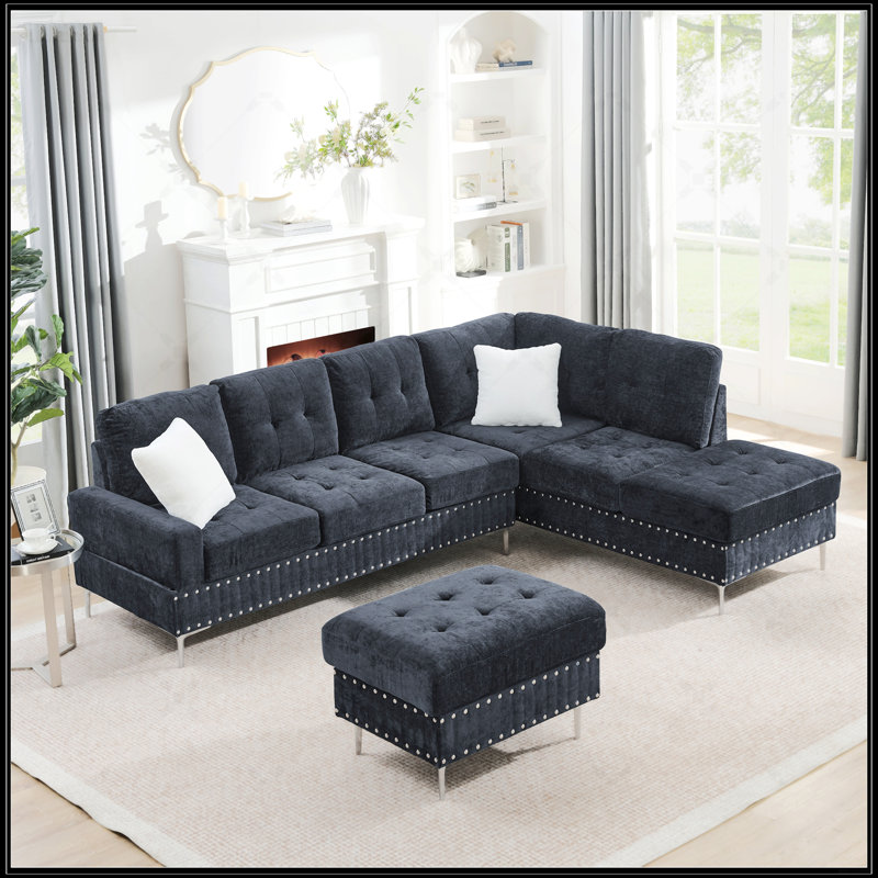 Canapé modulaire 3 places avec méridienne, repose-pieds avec rangement, pieds en métal et clous en cuivre, Marine