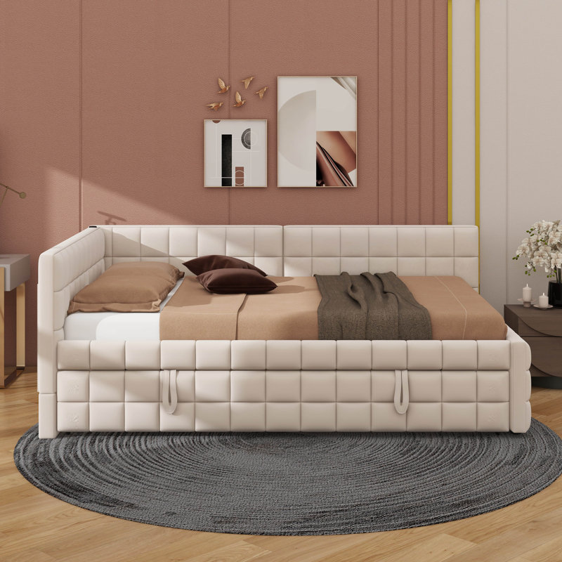 Lit de jour en L pleine grandeur recouvert de tissu avec lit gigogne escamotable simple et connectivité USB intégrée, Beige