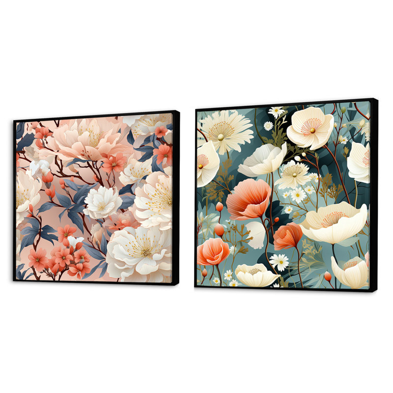 Herblay - Ensemble de 2 collages carrés floraux, Cadre flottant noir, H 36 po x l 73 po