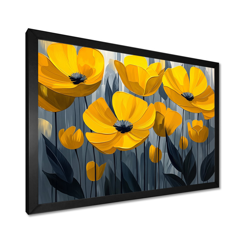 Champ de coquelicots jaunes et gris dans la brise II - coquelicots, art mural, H 12 po x l 20 po, Cadre simple noir