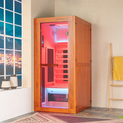 1-Person Indoor FAR Infrared Sauna in Premium Canadian Hemlock with Red Light Therapy, Bluetooth Speakers, Smart Control Panel & Chromotherapy Lightin