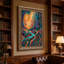 Art mural sur toile bleu sarcelle et arbres mauves sur fond de ciel orange tourbillonnant-133499533