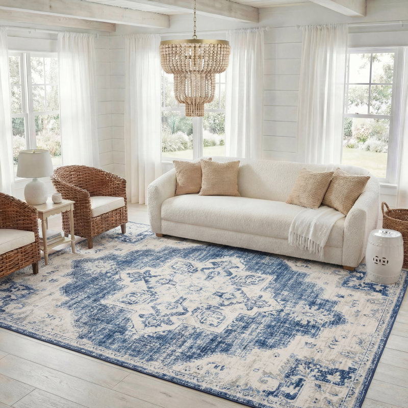 Aurelle Oriental Navy Area Rug, Rectangle 8' x 10'