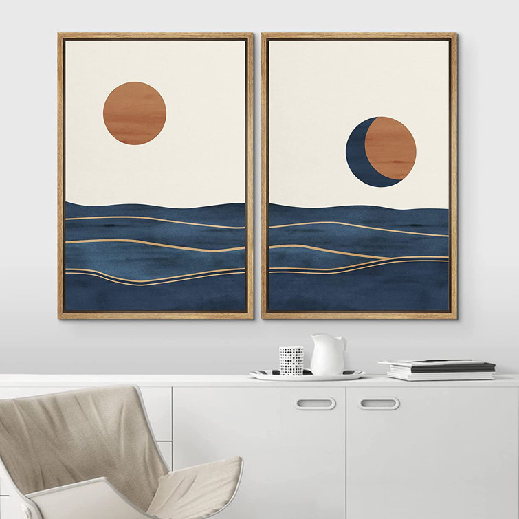 IDEA4WALL Framed Wall Art Print Set Orange Sun Over Blue Watercolor Ocean Waves Abstract Shapes Illustrations Modern Minimalist Chic Relax/Calm For Living Room, Bedroom, Office