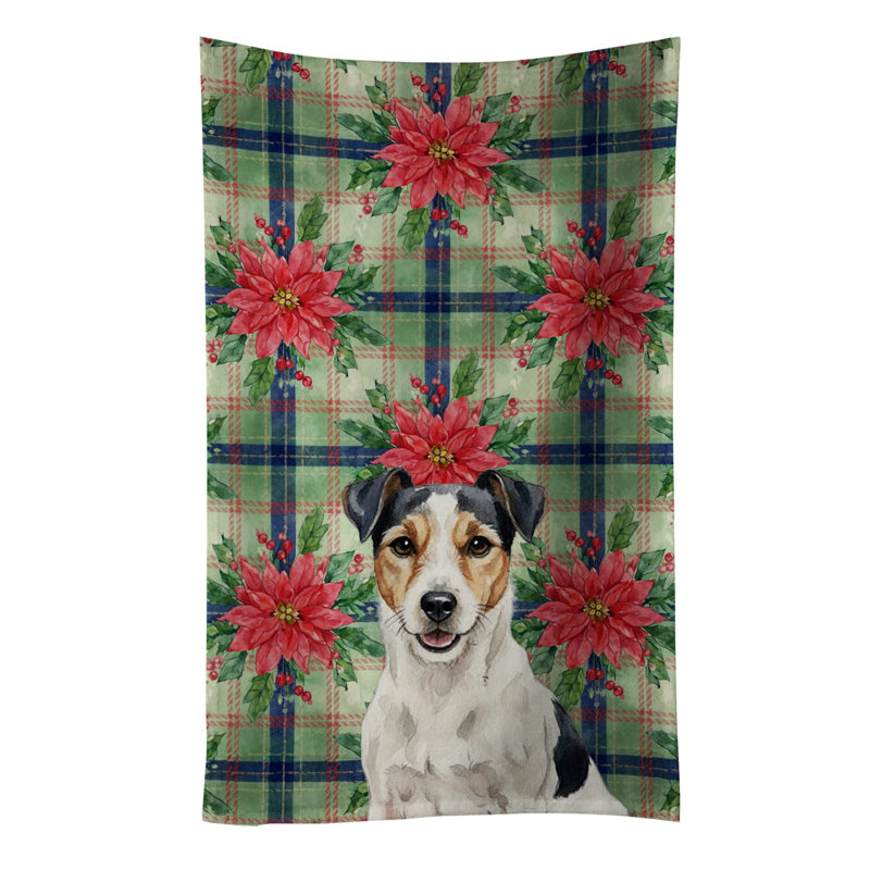 Parson Russell Terrier Christmas PoinsettIas Kitchen Towel, White/Black/Brown Parson Russell Terrier