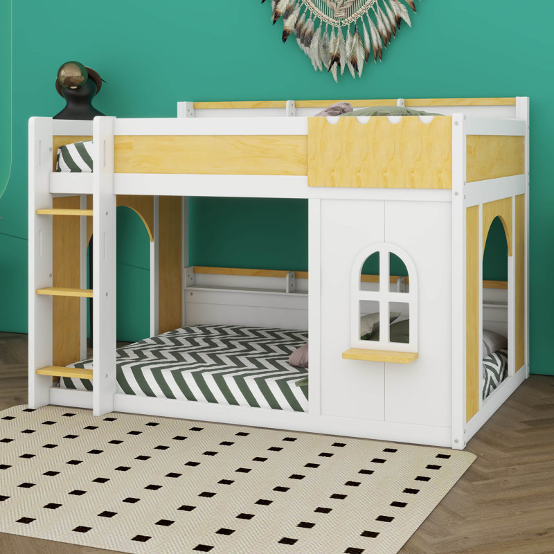 Lit superposé double au-dessus de double pour enfants, lit superposé en bois avec tablettes de rangement, fenêtre et portes, cadre de lit maisonnette