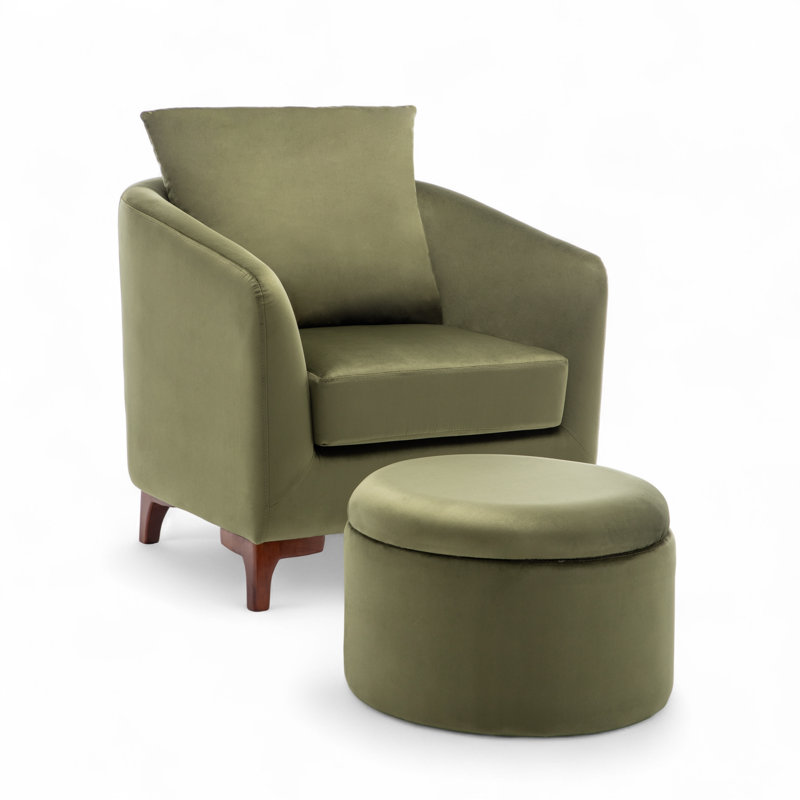 Upholstered Barrel Chair with Footstool, Green Velvet
