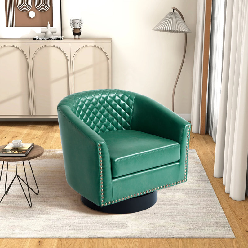 Upholstered Green Faux Leather Tufted Barrel Small Swivel Chair with Nailhead Trim, Green