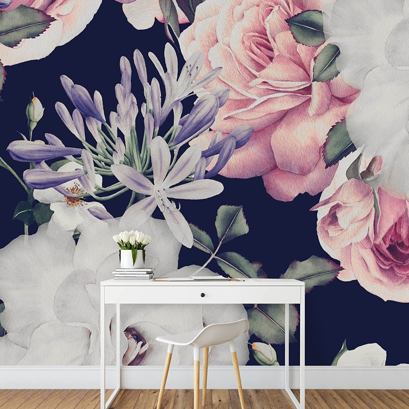 Murale à peindre rétro fleur rose rétro, L 66 po x l 96 po