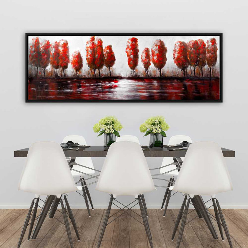Red Trees by the Lake - Black Framed Canvas Home Decor