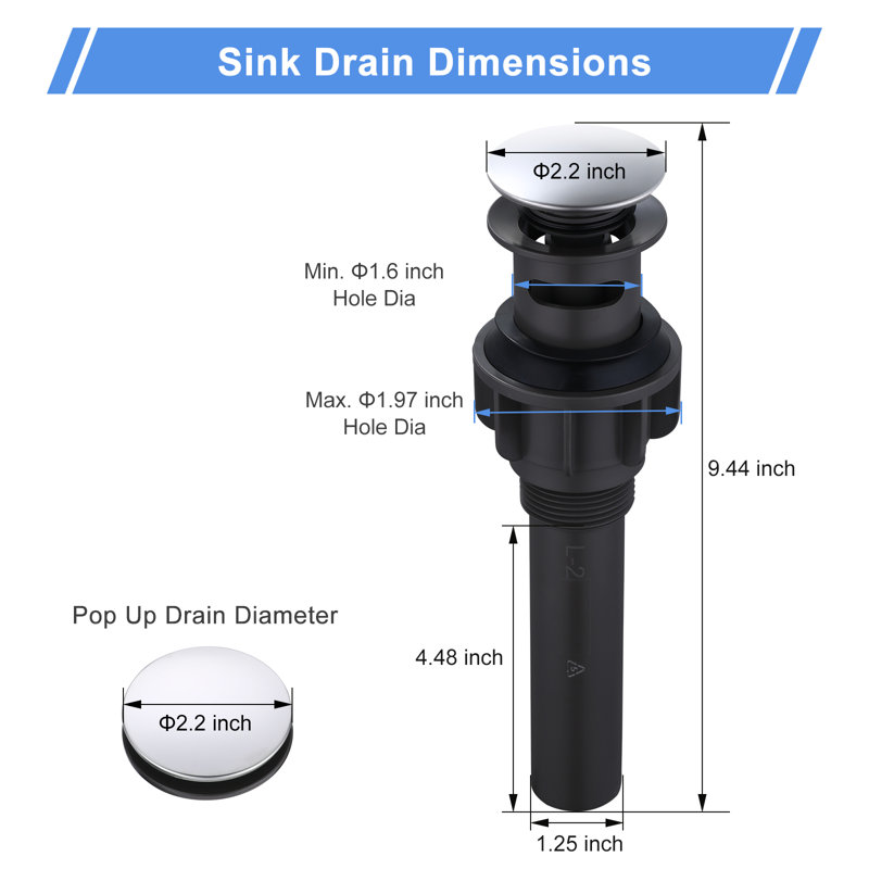 Drain escamotable de lavabo de salle de bain avec trop-plein, Chrome poli