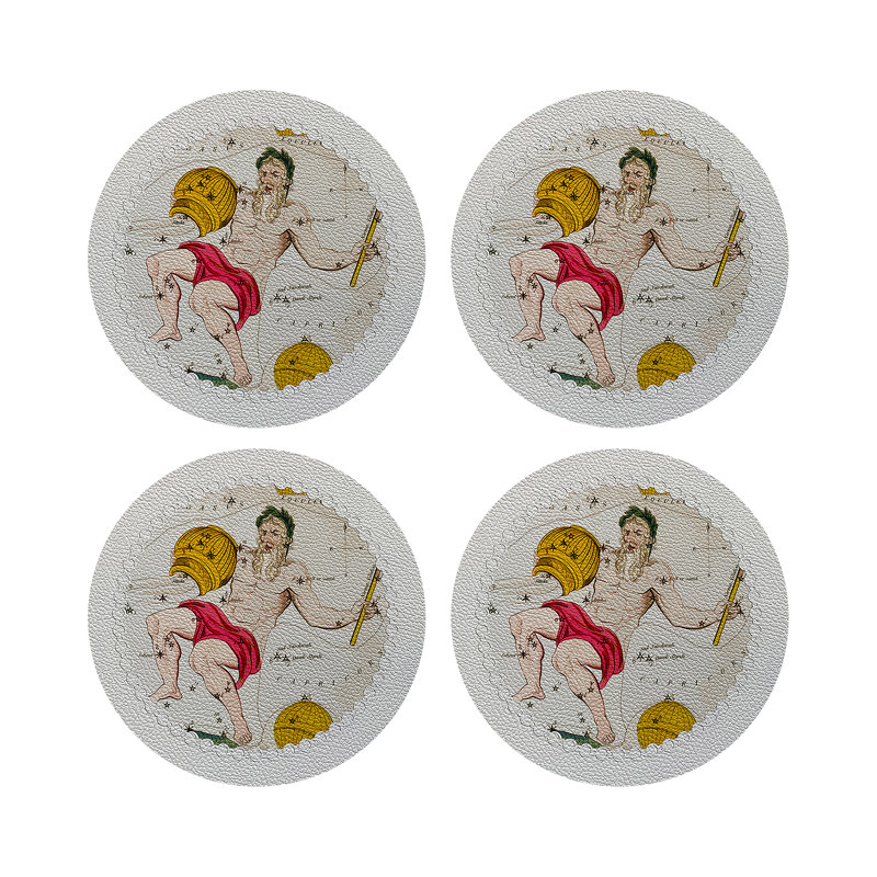 Zodiac Aquarius White Vegan Leather Round Coasters, White