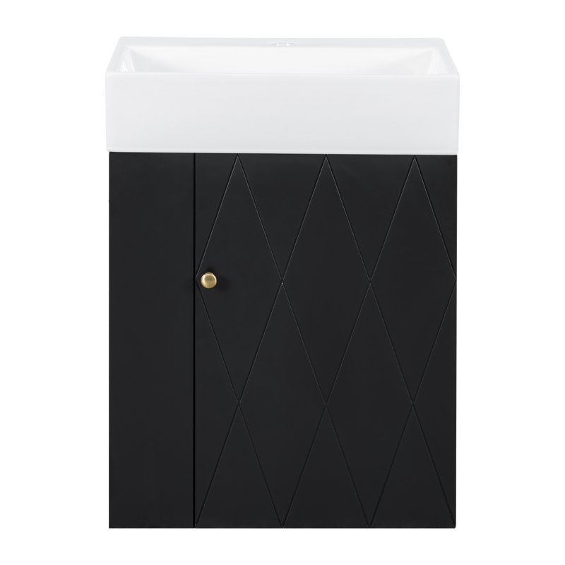 Meuble-lavabo de 20 po avec lavabo en céramique, porte à motif de losanges, poignées dorées et tablettes de rangement latérales - petit cabinet moderne avec barre à serviettes, fabrication en panneau de fibres à densité moyenne, assemblage requis