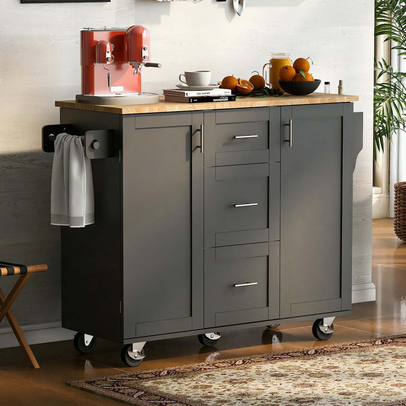 Îlot de cuisine roulant avec rangement, chariot de cuisine avec plateau en bois d'hévéa, 3 tiroirs, 2 tablettes coulissantes et support de rangement interne, îlot de cuisine sur roulettes avec support à épices et support à tour, noir