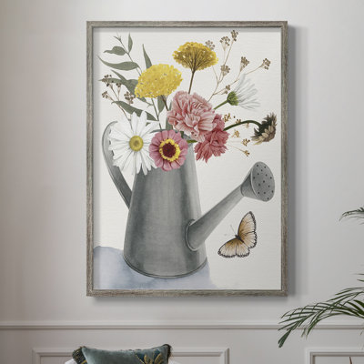 Watering Can Bouquet II Framed Print - Solid Wood