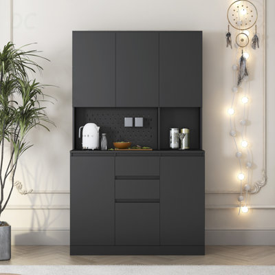 Armoire de cuisine 74 po autoportante avec 6 portes, 3 tablettes et 2 tiroirs, armoire polyvalente et armoire de cuisine, armoire de rangement pour artisanat, rangement pour la salle de lavage (noir), buffet