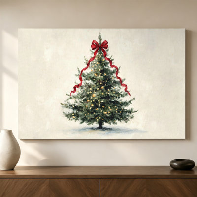 Minimalist Christmas Tree Framed Canvas Wall Art with Brown Floater Frame, Horizontal Modern Holiday Print for Living Room, 16" H x 24" W
