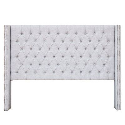 Tête de lit tapissier pour grand lit, bouton avec garniture cloutée double, revêtement bleu marine, pieds de lit grand réglables en métal noir touffetés et hauteur