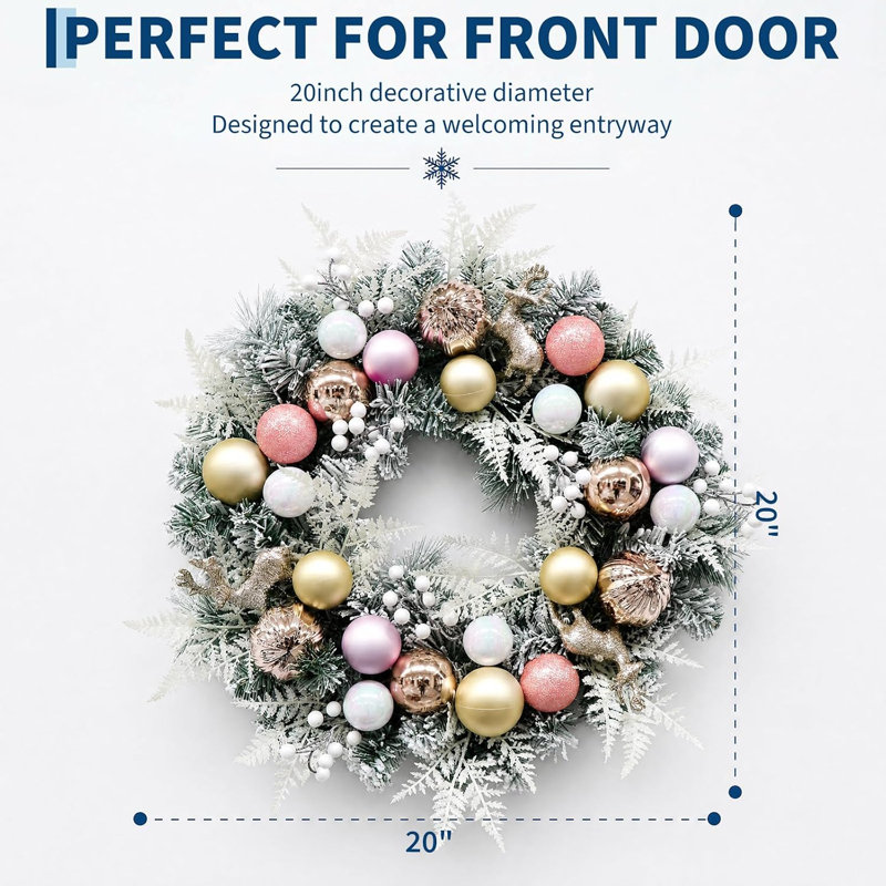 Couronne de Noël rose pré-éclairée pour porte d'entrée, couronne enneigée de 20 po