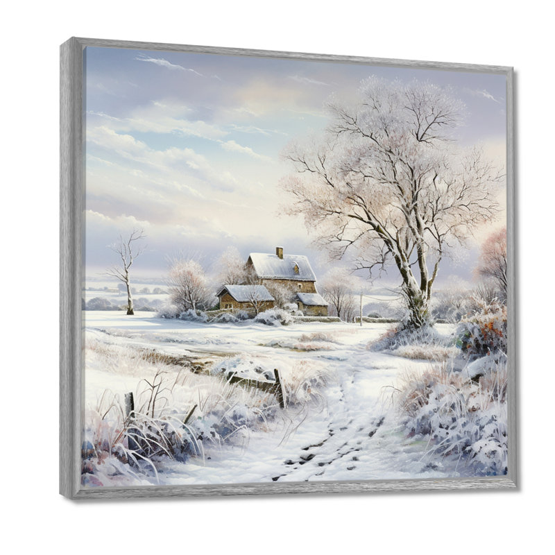 «Farmhouse Snow Winter Scenery» - art mural neige, H 16 po x l 16 po x P 1 po, Encadrement argenté