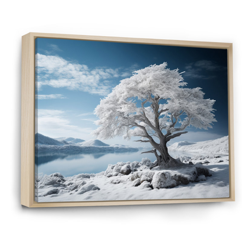 Monochromes bleus et blancs Winters Reflection II - impression, Cadre naturel flottant, H 16 po x l 32 po x P 1 po