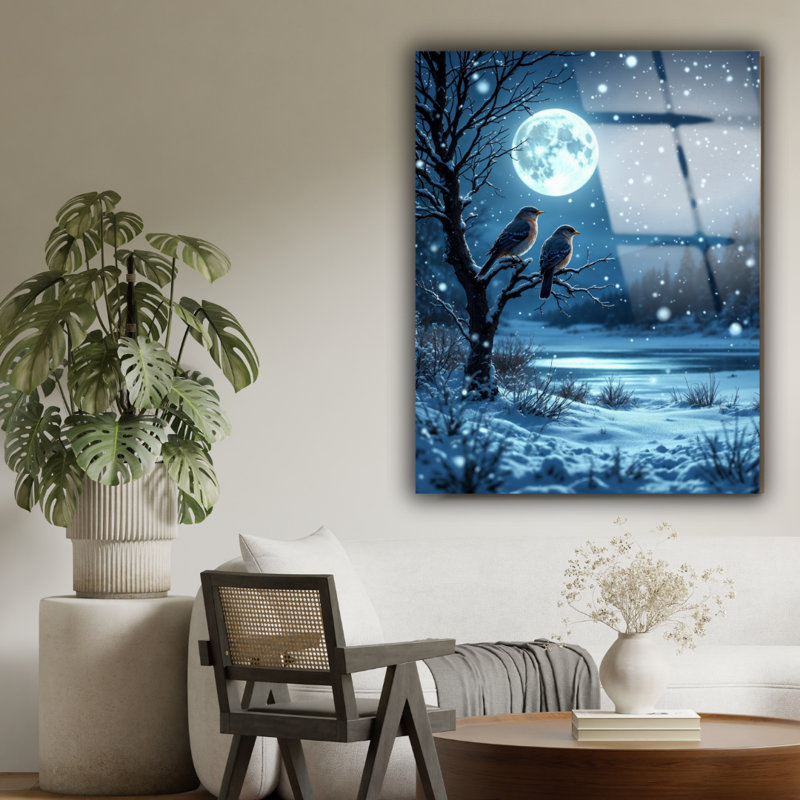 «Winter Snowy Bird Landscape - Winter Forest», art mural en verre trempé, H 12 po x l 8 po