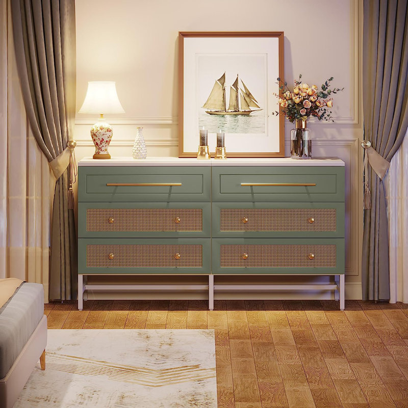 Commode à six tiroirs, Vert / Naturel