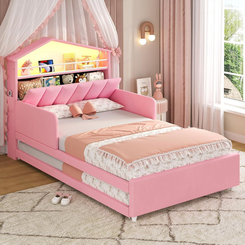 Structure de lit simple avec lit gigogne et lumières DEL, lit en velours pour filles avec tête de lit en forme de maison et station de charge, rose