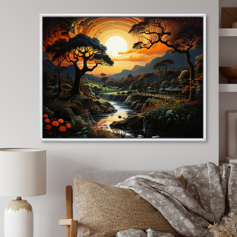 Mystic River Sunset Pastoral I, Cadre flottant blanc, 16" H x 32" W