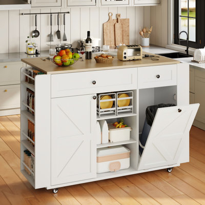 Chariot pour îlot de cuisine de style campagnard avec abattant, étagères à épices doubles, rangement pour poubelles cachées, tiroirs, station de charge et roulettes verrouillables - Station de préparation mobile pour petite cuisine, véhicule récréatif, appartement