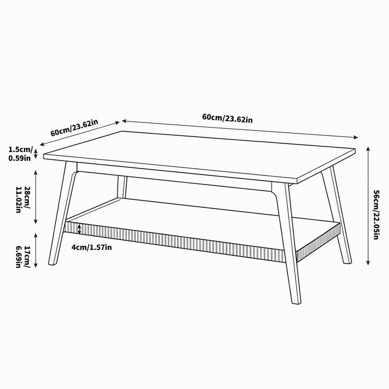 Table basse rectangulaire en bois d'hévéa massif avec rangement à 2 niveaux, 22.05" H x 23.62" W x 23.62" D, Noyer