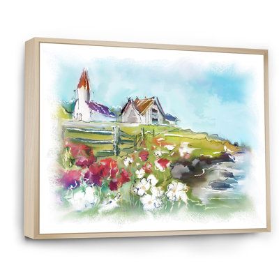 " White Buildings On Colorful Green Meadow " Painting Print