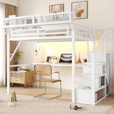 Lit mezzanine avec bureau et station de charge, lit mezzanine en métal avec escalier et lumière pour enfants adolescents