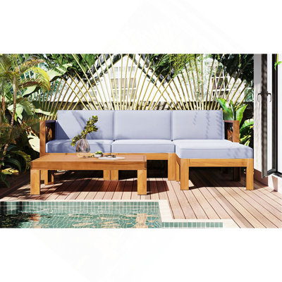 Outdoor Backyard Patio Wood 5-Piece Sectional Sofa Seating Group Set With Cushions