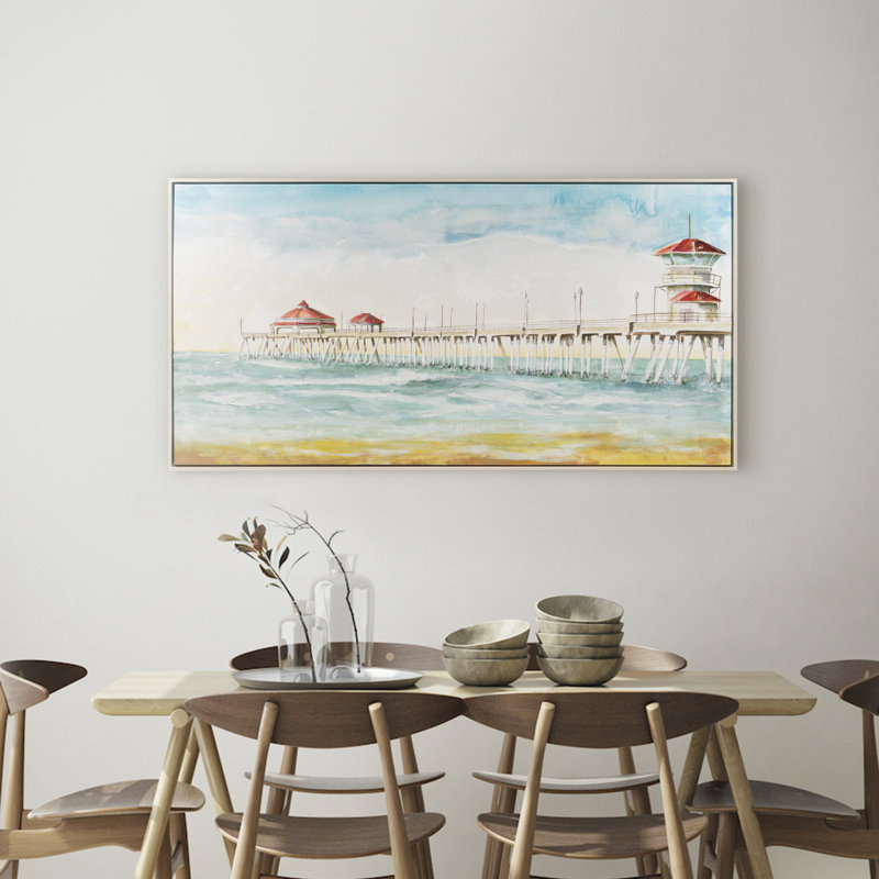 Toile tendue encadrée traditionnelle "Pique-nique par le peir" 41 x 21 po