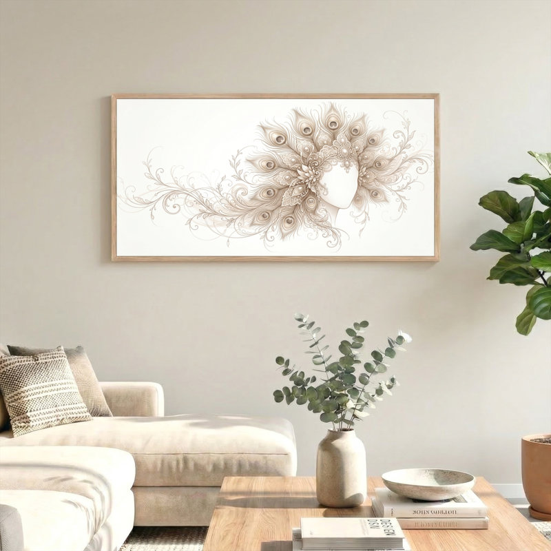 Ensemble de 1 tableau sur toile à motif de plumes de paon, 46“W x 24”H, Natural