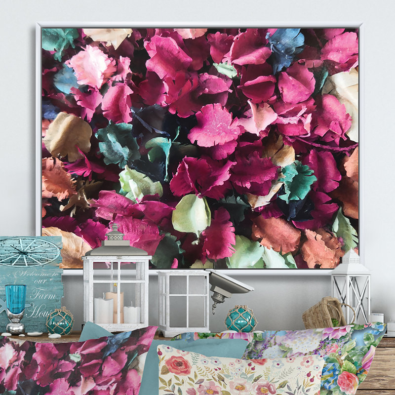 «Colorful Leaf Flower Composition», reproduction sur toile flottante, H 16 po x l 32 po x P 1 po, Cadre flottant blanc