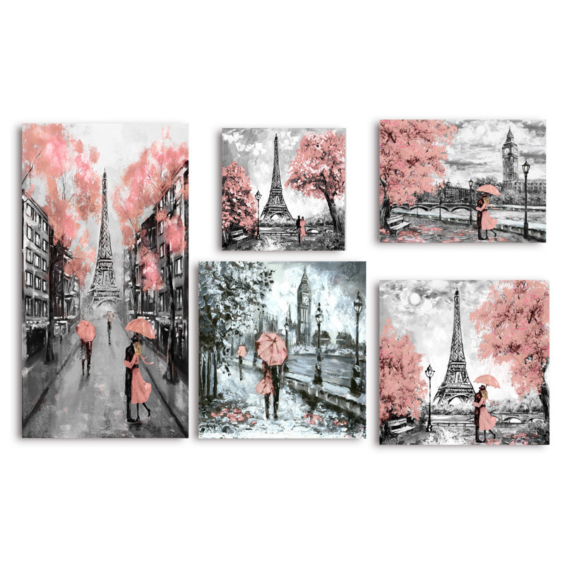 Ensemble de 5 panneaux de toiles traditionnels en rose paris collection london