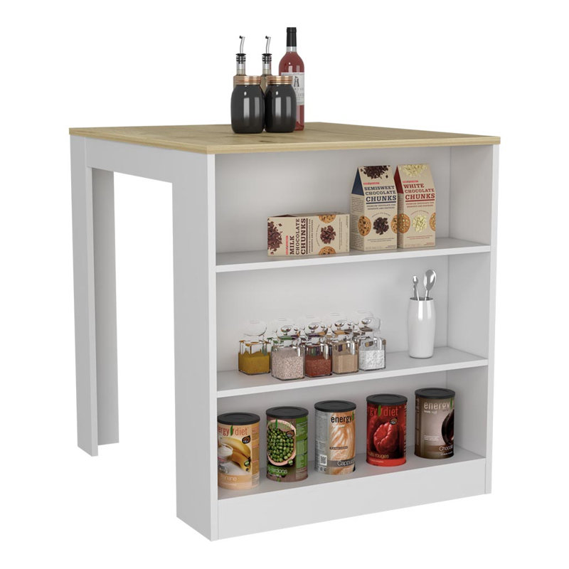 Table pour îlot de cuisine, deux pieds, trois tablettes latérales, Bois d'ingénierie